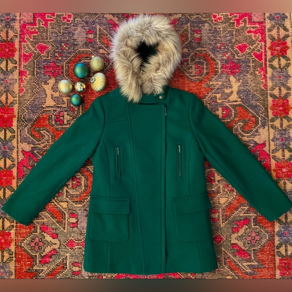 Talbots Women’s Green Wool Blend Faux Fur Collar Coat